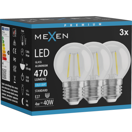 Mexen Vintis 3x LED filamentlamp E27, G45, 4W, Koud - 6500K, 470 lm, helder - L156-E27-0465-00x03