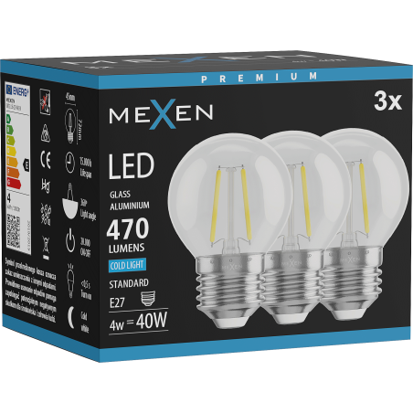 Mexen Vintis 3x LED kvēlkviežu spuldze E27, G45, 4W, Auksta - 6500K, 470 lm, caurspīdīga - L156-E27-0465-00x03
