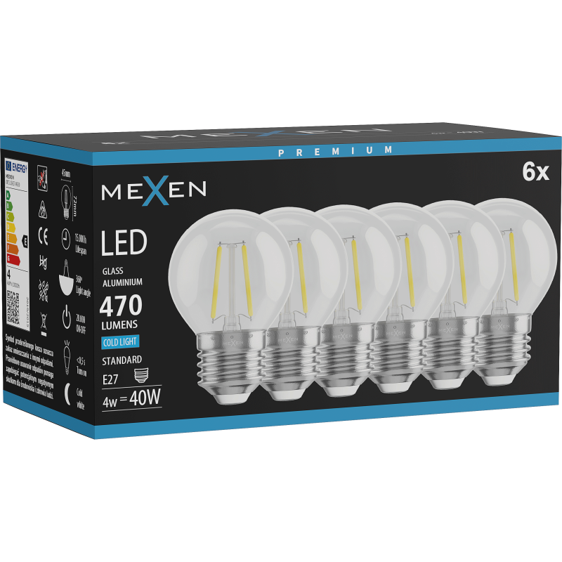 Mexen Vintis 6x Ampoule à filament LED E27, G45, 4W, Froid - 6500K, 470 lm, clair - L156-E27-0465-00x06