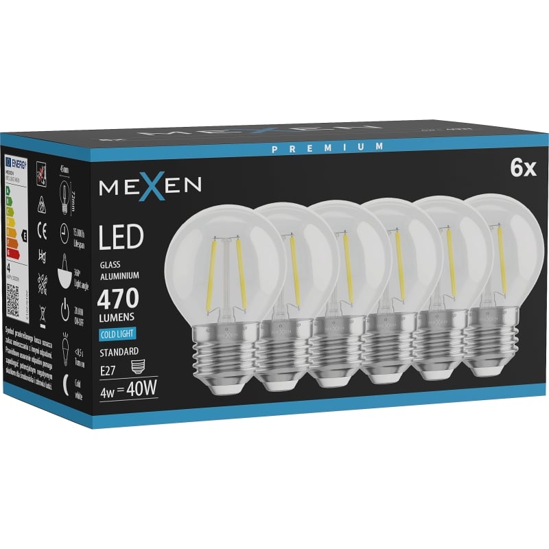 Mexen Vintis 6x LED-filamentlampa E27, G45, 4W, Kall - 6500K, 470 lm, klar - L156-E27-0465-00x06
