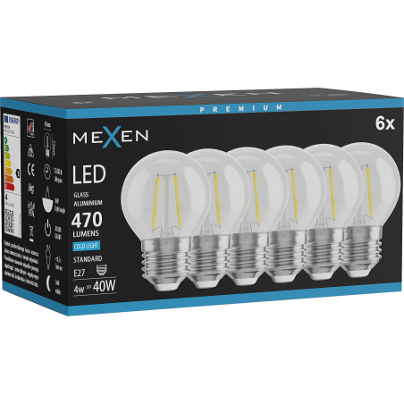 Mexen Vintis 6x Ampoule à filament LED E27, G45, 4W, Froid - 6500K, 470 lm, clair - L156-E27-0465-00x06