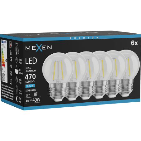 Mexen Vintis 6x żarówka filament LED E27, G45, 4W, Zimna - 6500K, 470 lm, clear - L156-E27-0465-00x06