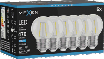 Mexen Vintis 6x LED filament žarulja E27, G45, 4W, Hladna - 6500K, 470 lm, prozirna - L156-E27-0465-00x06