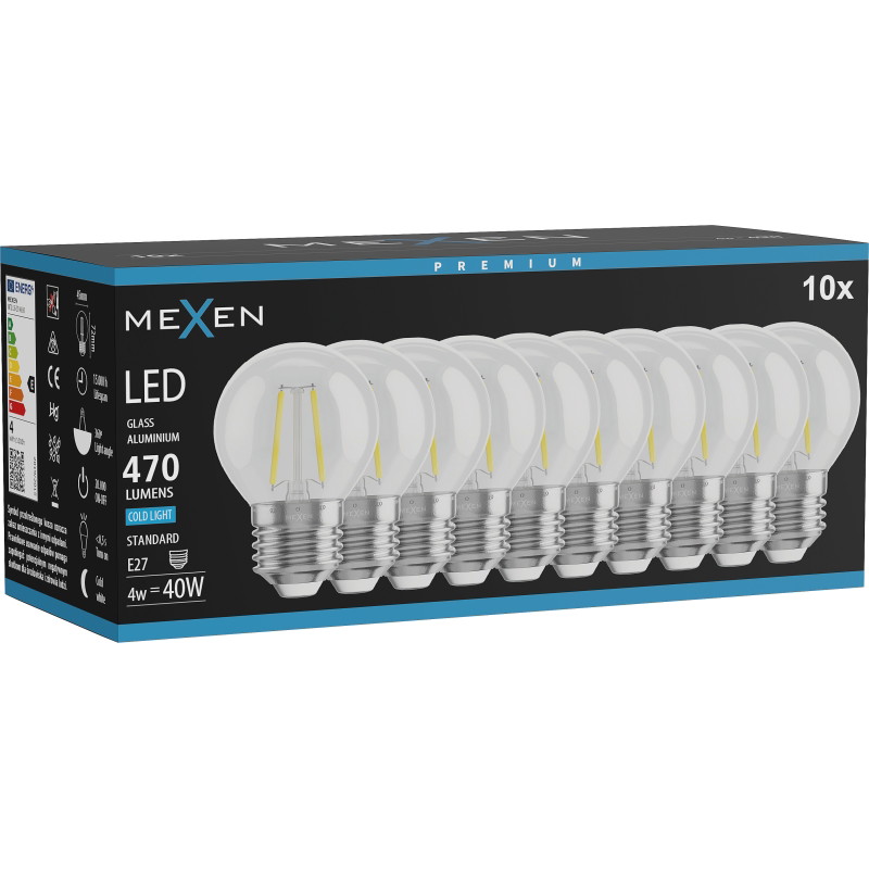 Mexen Vintis 10x Bombilla filamento LED E27, G45, 4W, Fría - 6500K, 470 lm, clara - L156-E27-0465-00x10