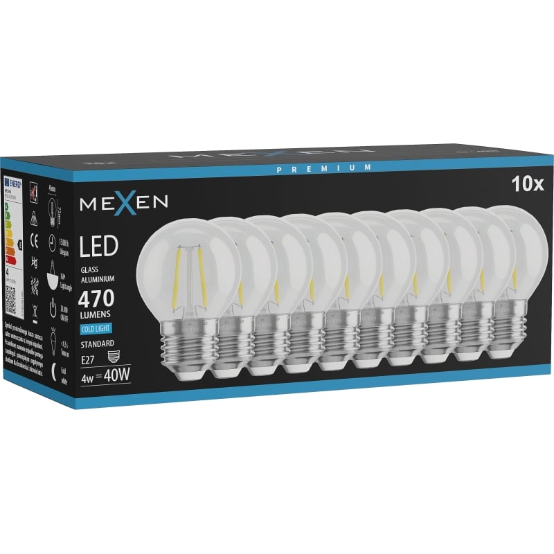 Mexen Vintis 10x Lampadina a filamento LED E27, G45, 4W, Fredda - 6500K, 470 lm, trasparente - L156-E27-0465-00x10