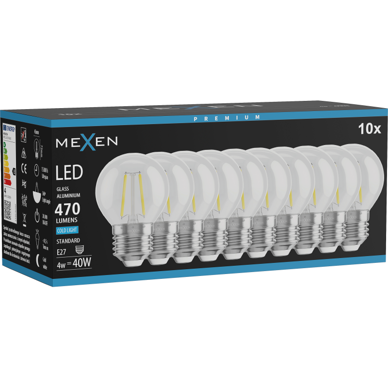 Mexen Vintis 10x LED filament žarnica E27, G45, 4W, Hladna - 6500K, 470 lm, prozorna - L156-E27-0465-00x10