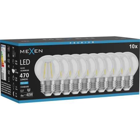Mexen Vintis 10x Lampadina a filamento LED E27, G45, 4W, Fredda - 6500K, 470 lm, trasparente - L156-E27-0465-00x10