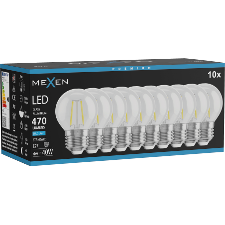 Mexen Vintis 10x LED pavediena kvēlspuldze E27, G45, 4W, Auksta - 6500K, 470 lm, caurspīdīga - L156-E27-0465-00x10