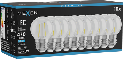 Mexen Vintis 10x LED-filamentlamp E27, G45, 4W, külm - 6500K, 470 lm, selge - L156-E27-0465-00x10