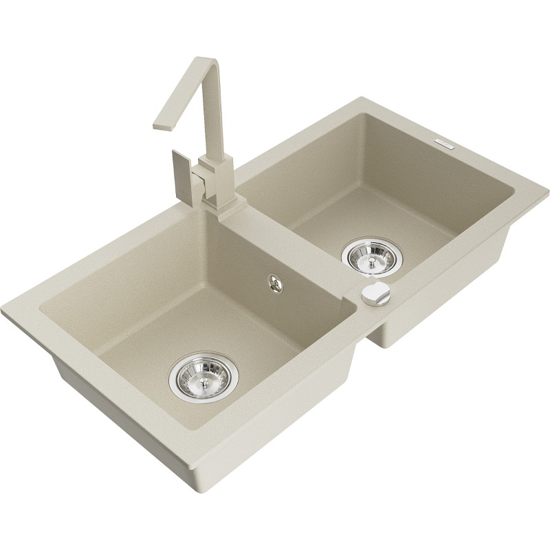 Mexen Mario 2-Kammer-GranitsSpüle mit Küchenarmatur Rita, beige - 6504-69-670300-69