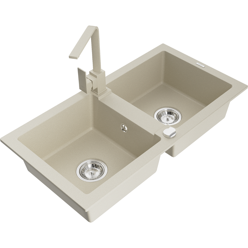 Mexen Mario fregadero de granito de 2 compartimentos con grifo de cocina Rita, beige - 6504-69-670300-69