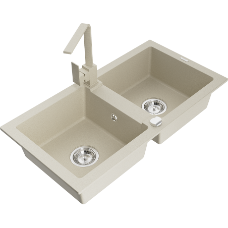 Mexen Mario granite sink 2-bowl with Rita kitchen tap, beige - 6504-69-670300-69