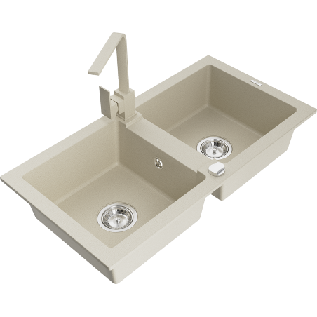 Mexen Mario Granitspüle 2-Kammern mit Küchenarmatur Rita, beige - 6504-69-670300-69