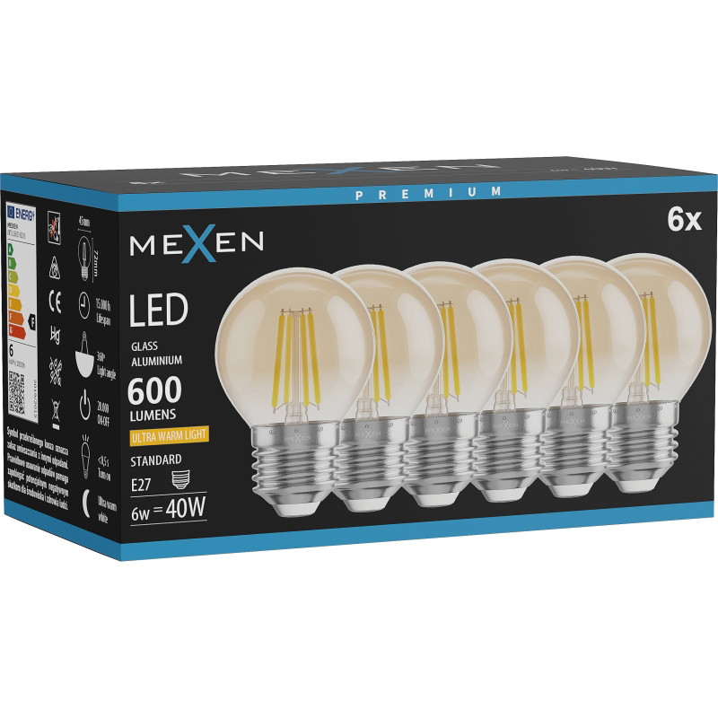 Mexen Vintis 6x LED filamentlamp E27, G45, 6W, Warm - 2200K, 600 lm, amber - L156-E27-0622-50x06