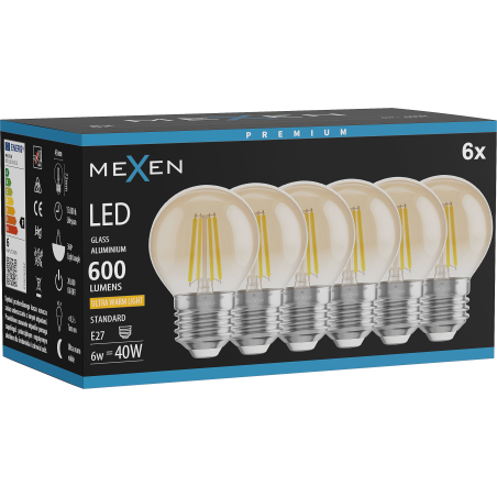Mexen Vintis 6x LED-filamentlampa E27, G45, 6W, Varm - 2200K, 600 lm, bärnsten - L156-E27-0622-50x06