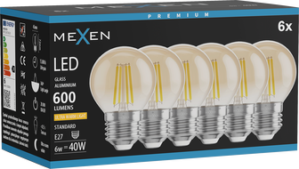 Mexen Vintis 6x LED filament žarnica E27, G45, 6W, Topla - 2200K, 600 lm, jantarna - L156-E27-0622-50x06
