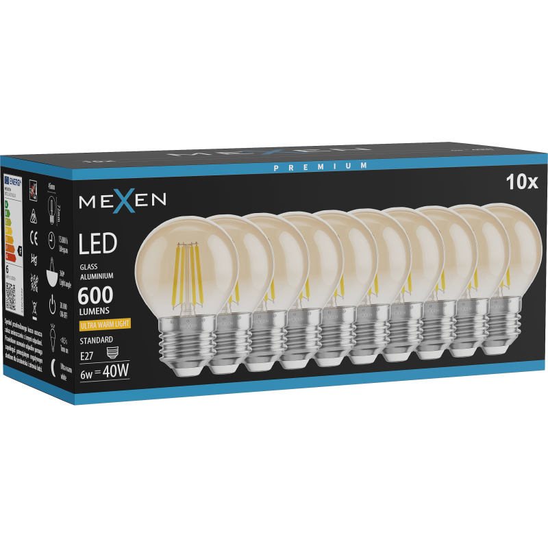 Mexen Vintis 10x LED Filament Bulb E27, G45, 6W, Warm - 2200K, 600 lm, amber - L156-E27-0622-50x10