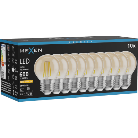 Mexen Vintis 10x ampoule filament LED E27, G45, 6W, Chaude - 2200K, 600 lm, ambre - L156-E27-0622-50x10