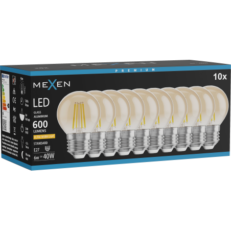 Mexen Vintis 10x LED-filamentlampa E27, G45, 6W, Varm - 2200K, 600 lm, bärnsten - L156-E27-0622-50x10