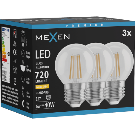 Mexen Vintis 3x LED-Filamentlampe E27, G45, 6W, Warm - 2700K, 720 lm, klar - L156-E27-0627-00x03