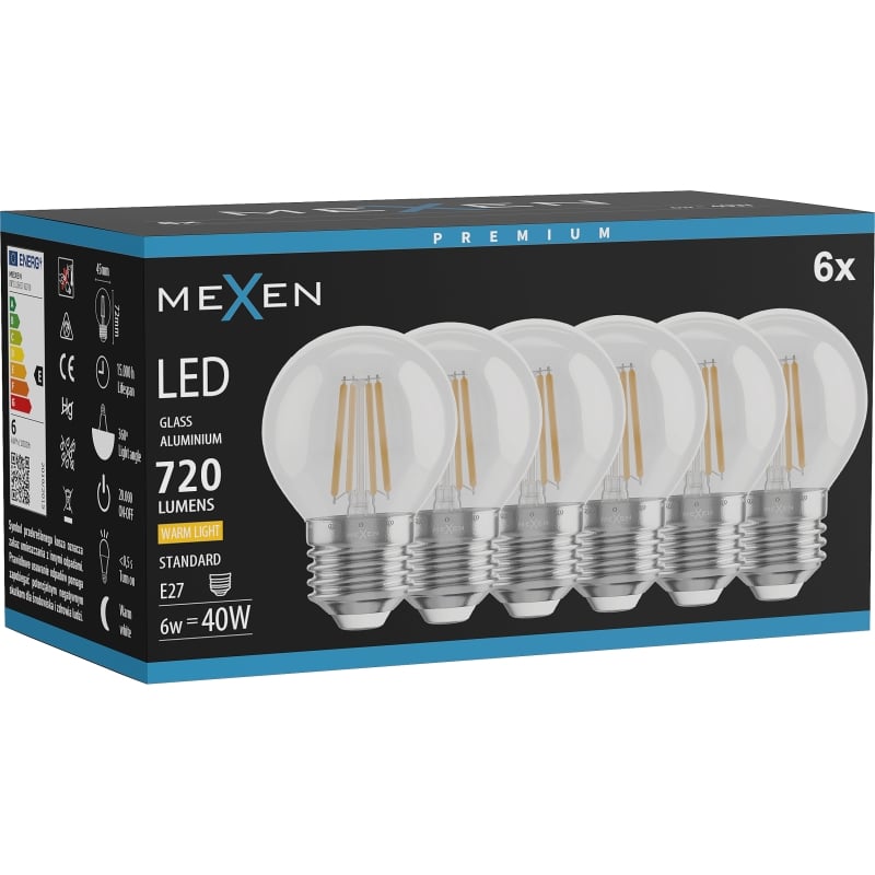 Mexen Vintis 6x żarówka filament LED E27, G45, 6W, Ciepła - 2700K, 720 lm, clear - L156-E27-0627-00x06