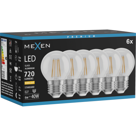 Mexen Vintis 6x Filament LED-lamp E27, G45, 6W, Warm - 2700K, 720 lm, helder - L156-E27-0627-00x06