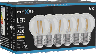 Mexen Vintis 6x LED filamenta spuldze E27, G45, 6W, Silta - 2700K, 720 lm, caurspīdīgs - L156-E27-0627-00x06