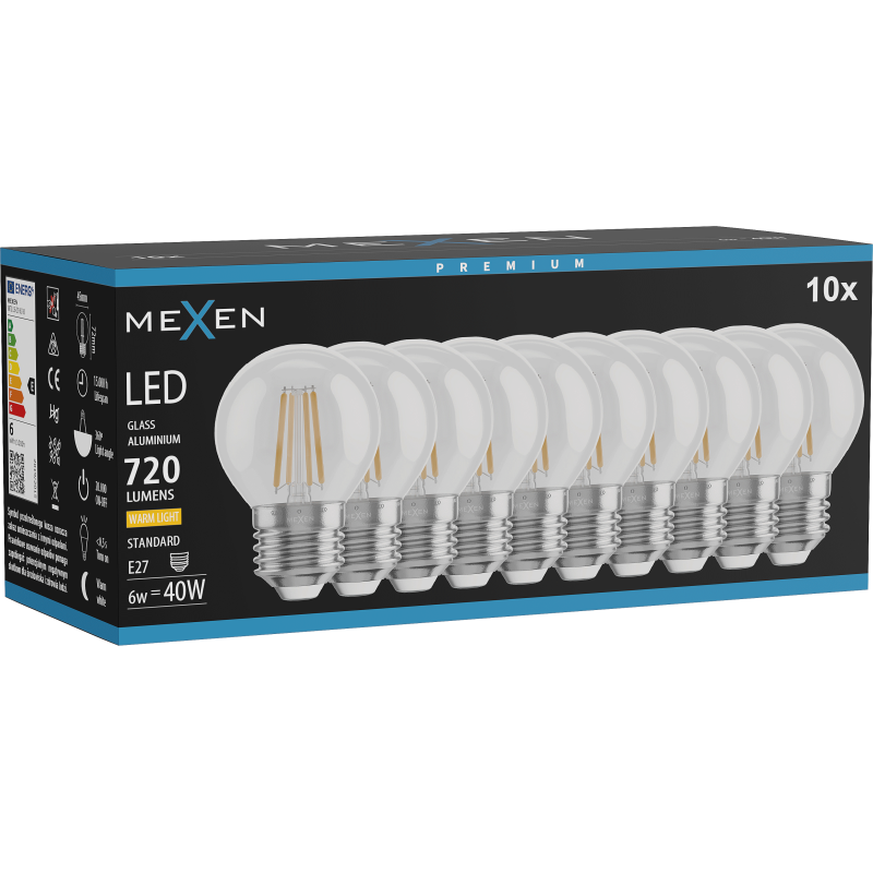 Mexen Vintis 10x Filament LED Glühbir Fuedel E27, G45, 6W, Warm - 2700K, 720 lm, kloer - L156-E27-0627-00x10