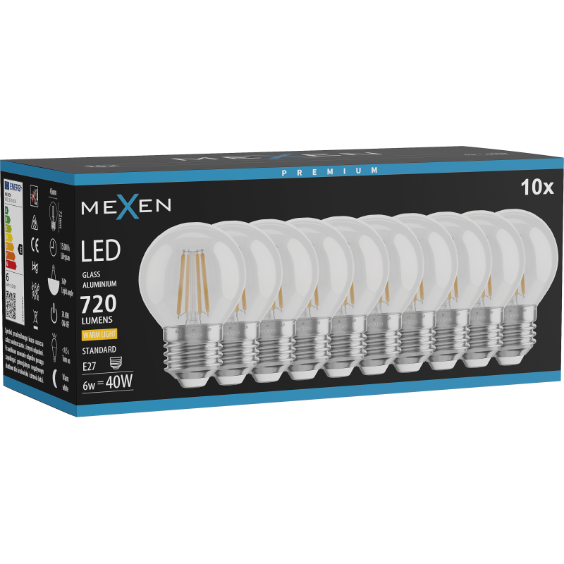 Mexen Vintis 10x LED E27 apgaismojuma kvēldiegs, G45, 6W, Silta - 2700K, 720 lm, caurspīdīga - L156-E27-0627-00x10