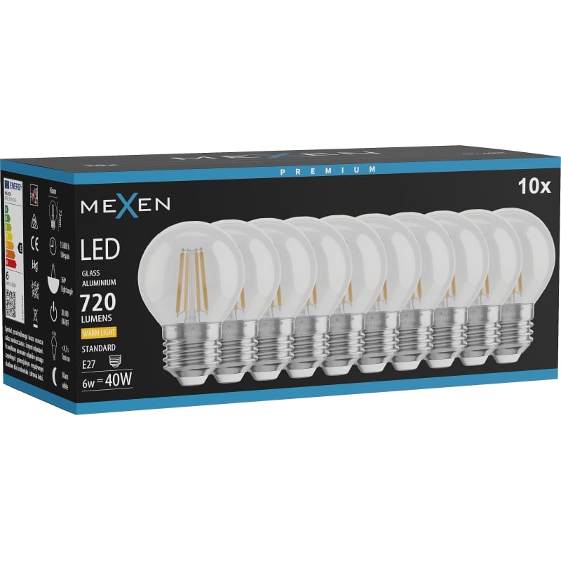 Mexen Vintis 10x żarówka filament LED E27, G45, 6W, Ciepła - 2700K, 720 lm, clear - L156-E27-0627-00x10