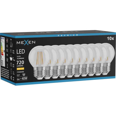 Mexen Vintis 10x filamentna LED žarnica E27, G45, 6W, Toplo - 2700K, 720 lm, prozorno - L156-E27-0627-00x10