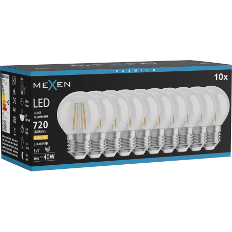 Mexen Vintis 10x Lampadina a filamento LED E27, G45, 6W, Calda - 2700K, 720 lm, trasparente - L156-E27-0627-00x10
