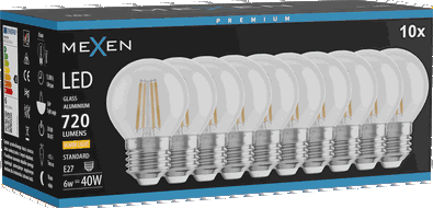Mexen Vintis 10x LED E27 apgaismojuma kvēldiegs, G45, 6W, Silta - 2700K, 720 lm, caurspīdīga - L156-E27-0627-00x10