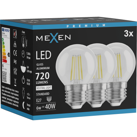 Mexen Vintis 3x LED filamentlampa E27, G45, 6W, Neutral - 4000K, 720 lm, klar - L156-E27-0627-00x03 - L156-E27-0640-00x03