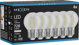 Mexen Vintis 6x Λάμπα filament LED E27, G45, 6W, Ουδέτερη - 4000K, 720 lm, διαυγής - L156-E27-0627-00x06