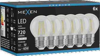 Mexen Vintis 6x LED filamenta spuldze E27, G45, 6W, Neitrāla - 4000K, 720 lm, caurspīdīga - L156-E27-0627-00x06