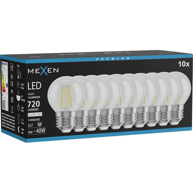 Mexen Vintis 10x LED-Filamentlampe E27, G45, 6W, Neutral - 4000K, 720 lm, klar - L156-E27-0627-00x10 - L156-E27-0640-00x10