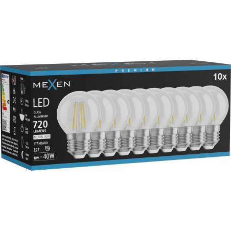 Mexen Vintis 10x LED-filamentlampa E27, G45, 6W, Neutral - 4000K, 720 lm, klar - L156-E27-0627-00x10 - L156-E27-0640-00x10