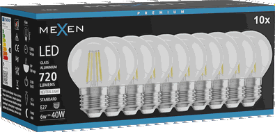 Mexen Vintis 10x LED diegu spuldze E27, G45, 6W, Neitrāla - 4000K, 720 lm, caurspīdīga - L156-E27-0627-00x10