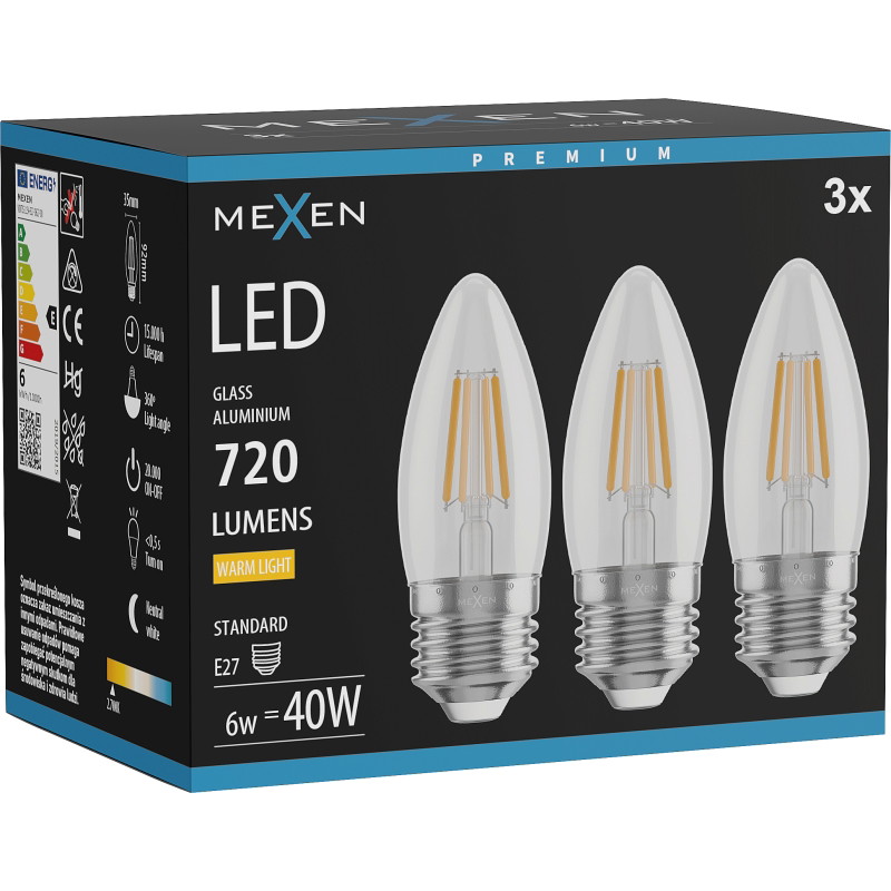 Mexen Vintis 3x Filament LED-glödlampa E27, C35, 6W, Varm - 2700K, 720 lm, klar - L154-E27-0627-00x03