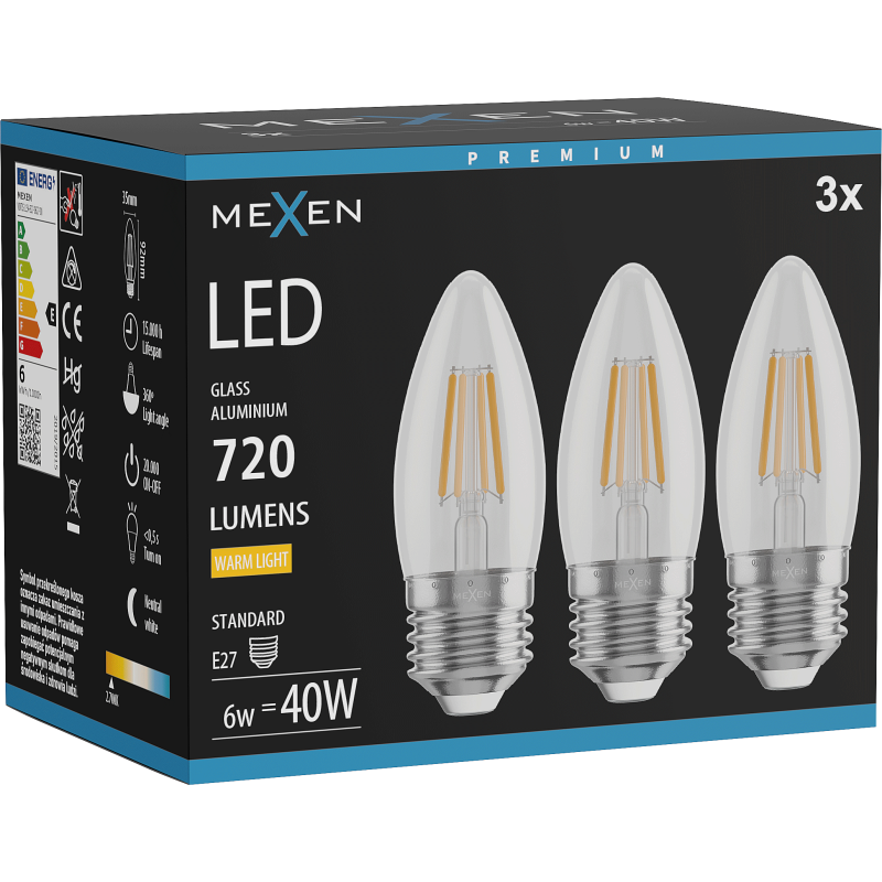 Mexen Vintis 3x LED filamenta spuldze E27, C35, 6W, Silta - 2700K, 720 lm, caurspīdīga - L154-E27-0627-00x03