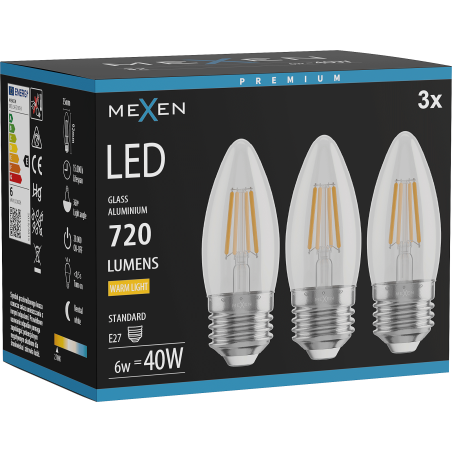 Mexen Vintis 3x Ampoule filament LED E27, C35, 6W, Chaude - 2700K, 720 lm, claire - L154-E27-0627-00x03