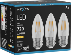 Mexen Vintis 3x LED-filamentlambid E27, C35, 6W, Soe - 2700K, 720 lm, läbipaistev - L154-E27-0627-00x03