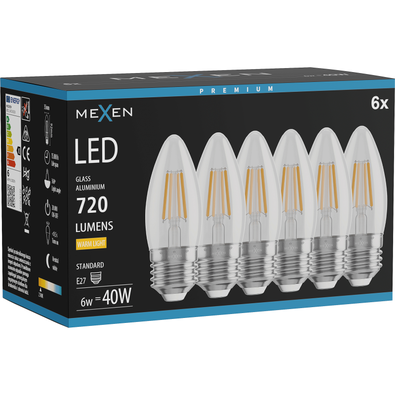 Mexen Vintis 6x Filamenta LED spuldze E27, C35, 6W, Silta - 2700K, 720 lm, caurspīdīga - L154-E27-0627-00x06