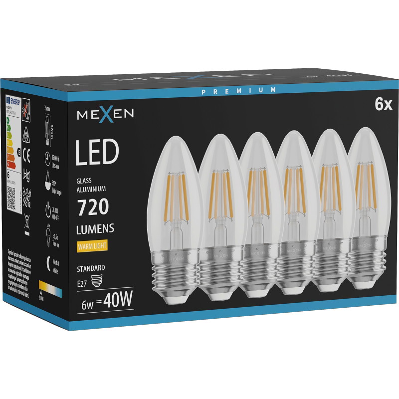 Mexen Vintis 6x LED filamentlamp E27, C35, 6W, Warm - 2700K, 720 lm, helder - L154-E27-0627-00x06