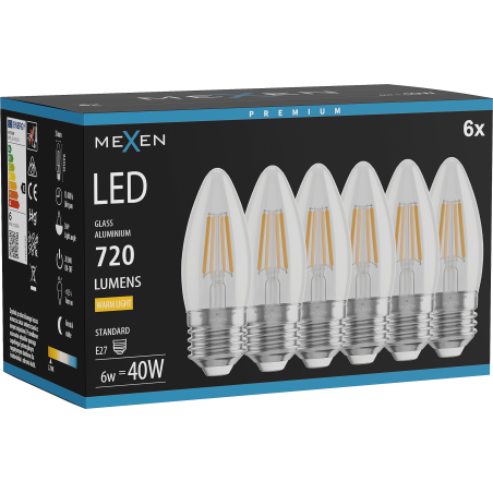 Mexen Vintis 6x Filamenta LED spuldze E27, C35, 6W, Silta - 2700K, 720 lm, caurspīdīga - L154-E27-0627-00x06