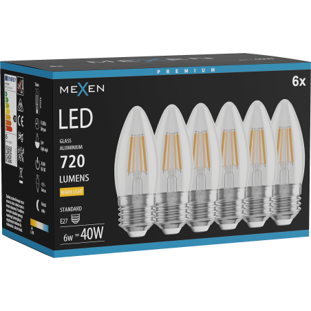 Mexen Vintis 6x LED-filamentlampa E27, C35, 6W, Varm - 2700K, 720 lm, klar - L154-E27-0627-00x06