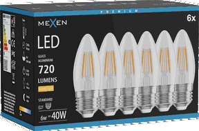 Mexen Vintis 6x LED-Filamentlampe E27, C35, 6W, Warm - 2700K, 720 lm, klar - L154-E27-0627-00x06
