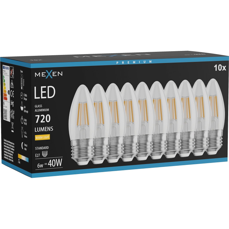 Mexen Vintis 10x Bombilla LED filament E27, C35, 6W, Cálida - 2700K, 720 lm, transparente - L154-E27-0627-00x10
