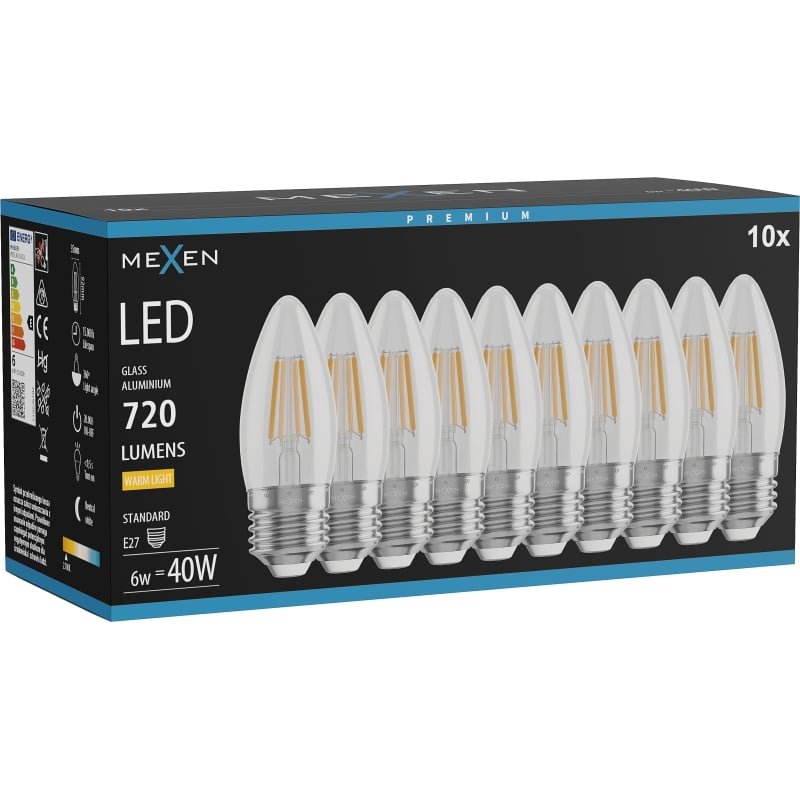 Mexen Vintis 10x Lampadina a filamento LED E27, C35, 6W, Calda - 2700K, 720 lm, trasparente - L154-E27-0627-00x10
